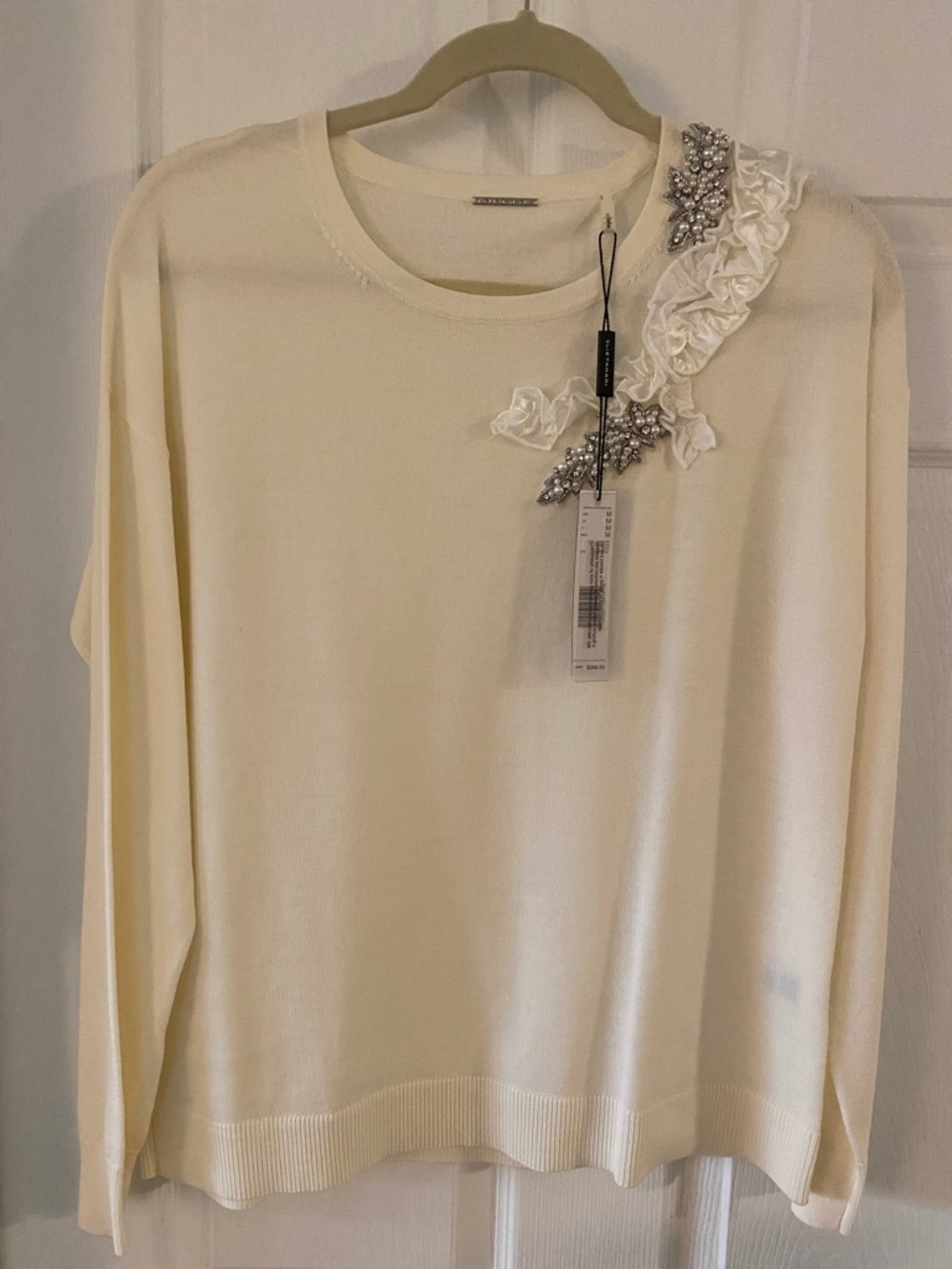 Elie Tahari Cream Embellished Crewneck Sweater